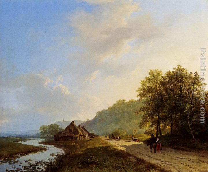 A Summer Landscape With Travellers On A Path painting - Barend Cornelis Koekkoek A Summer Landscape With Travellers On A Path art painting